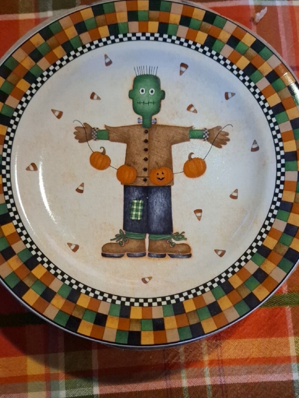 Vintage 1990s Debbie Mumm Halloween Orange Plaid Cat Salad Plates - Set of 4 - Picture 6 of 6